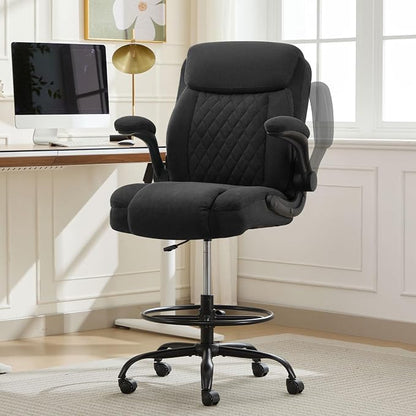MAHOMICO Drafting Chair for Standing Desk – Tall Office Chair with Adjustable Height & Foot Ring, Flip-Up Arms, Lumbar Support – Comfortable Fabric Seat, Ideal Home Desk Chair