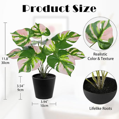 Briful Fake Plants 11.8'' Realistic Monstera Plant Artificial Potted Indoor Plant Houseplant in Black Pot for Home Decor Wedding Centerpiece Dining Table Farmhouse, Pink Leaves