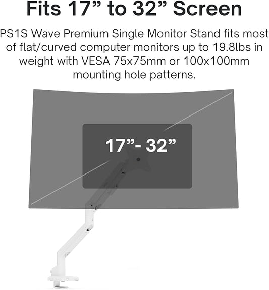 Pixio PS1S Wave White Single Monitor Arm Stand Desk Mount - Fits up to 32 inches Monitors and up to 19.8lbs. VESA Compatibility and Integrated Cable Management
