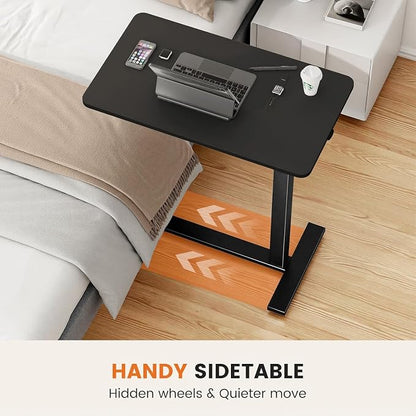 Overbed Bedside Table with Hidden Casters, Adjustable Pneumatic Mobile Laptop Computer Standing Desk, Rolling Laptop Table, Movable Overbed Table Hospital Home Use, Black