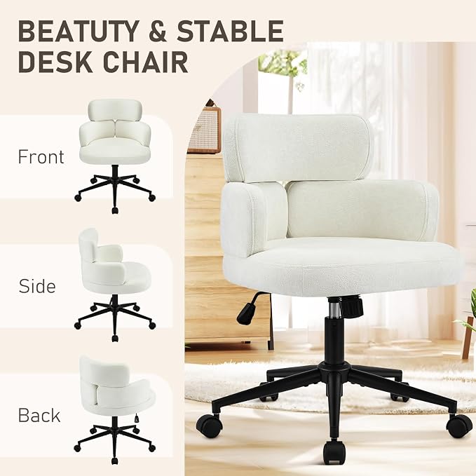Home Office Chair with Unique Curved Back, Wide Seat Computer Desk Chair with Wheels,Swivel Tilt & Height Adjustable, Plush Chenille Fabric Matel Base for Home Office, Beige