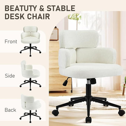 Home Office Chair with Unique Curved Back, Wide Seat Computer Desk Chair with Wheels,Swivel Tilt & Height Adjustable, Plush Chenille Fabric Matel Base for Home Office, Beige