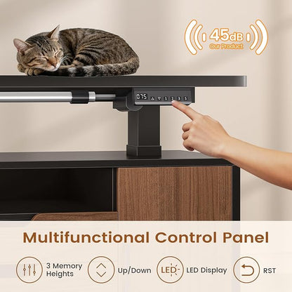 SEDETA L Shaped Electric Standing Desk, 69" x 55" Height Adjustable Office Executive Desk with 4 Drawers and Storage Shelves, Fluted Sit Stand Computer Desk with Power Outlet (Modern Black+ Brown)