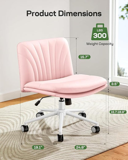 Marsail Armless-Office Desk Chair with Wheels: PU Leather Cross Legged Wide Chair,Comfortable Adjustable Swivel Task Chairs for Home,Office,Make Up,Small Space,Bed Room, Pink