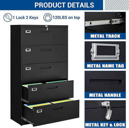 Fesbos Lateral File Cabinet with 5 Drawers - Metal Steel Filling Cabinets for Home Office - Lockable Storage Cabinet for Hanging Files Letter/Legal/F4/A4 Size-Assembly Required