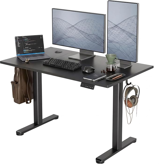 Claiks Electric Standing Desk 48 x 24 Inches, Motorized Sit Stand Desk with 3 Memory Presets & Cable Management, Spacious Ergonomic Computer Workstation for Dual Monitors & Gaming Setup, Black