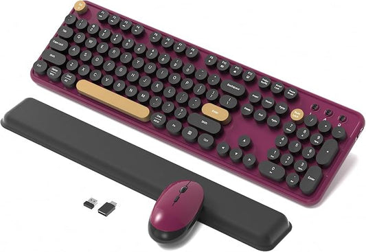 Colorful Wireless Keyboard and Mouse Combo, Retro Typewriter Style Round Keys, 2.4GHz Ergonomic Aesthetic Computer Keyboard with Wrist Rest for Mac, Windows, Laptop, PC(Claret-Red)