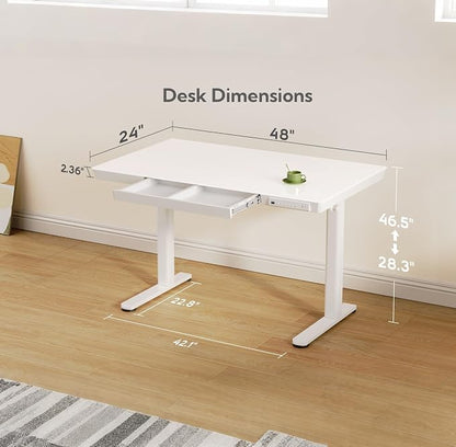INNOVAR Glass Standing Desk with Drawers & USB Ports,48 inch Whole-Piece Glass Top Adjustable Height Desks, Quick-Install Electric Sit-Stand Up Desk for Home Office & Computer Workstation, White