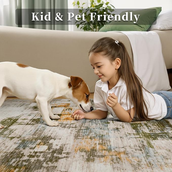 Ciicool Modern Abstract Rug for Living Room, 5'x7' Machine Washable Soft Area Rug Non-Slip Rug, Low-Pile Contemporary Indoor Dining Floor Carpet for Bedroom Office Under Table Home Decor Beige Green