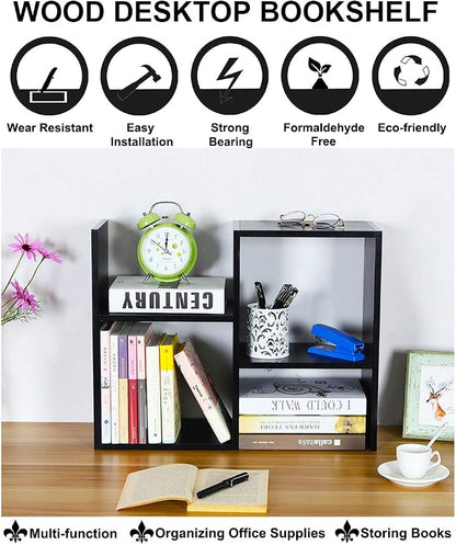 PAG Desktop Shelf Freestanding Wooden Small Bookshelf Desk Supplies Organizers and Accessories Storage Display Rack Office Dorm Decor for Women, Black