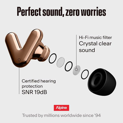 Alpine Tune Earplugs, Concert Ear Plugs for Noise Reduction, High Fidelity Music Quality, 19dB Hearing Protection with Crystal Clear Sound, Incl. 4 Sizes, Parties, Raves, Festivals & Clubs, Rose Gold