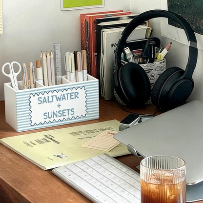 Blue Beach Pen Pencil Holder for Desk, Beach Office Decor, Coastal Ocean Saltwater and Sunsets Beachy Wooden Box Sign Decorations for Home Office Desk Tabletop