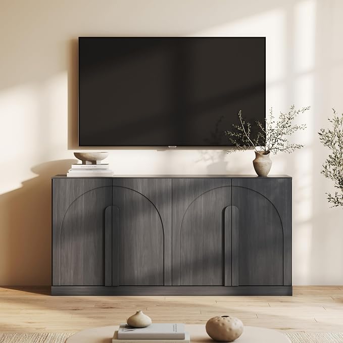 BELLEZE 64" Kitchen Storage Cabinet with Adjustable Shelves, Freestanding Accent Cabinet with Arch Wood Doors for Living Room, Dining Room, Entryway, Ebony