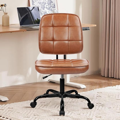 CLATINA Home Office Chair No Arms with Wheels, Armless Small Leather Ergonomic Low Back Desk Chairs Adjustable Height 360° Swivel Rolling Computer Task Chair for Work Conference Room, Brown, 4 Pack