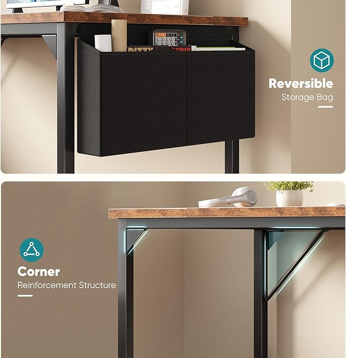 OLIXIS 63 Inch Computer Desk for Home Office, Writing Study Craft Gaming Table, Modern Computer Workstation with Storage Bag and Headphone Hook for Bedroom Small Spaces, Rustic Brown