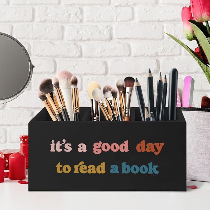 Black Wooden BookmarkPen Pencil Holder Decor for Desk, Book Lover Gifts, It's a Good Day to Read a Book Wood Makeup Brush Toothbrush Holder Organizer for Reading Corner Room Library