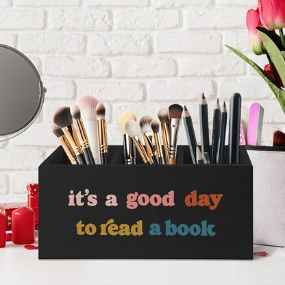 Black Wooden BookmarkPen Pencil Holder Decor for Desk, Book Lover Gifts, It's a Good Day to Read a Book Wood Makeup Brush Toothbrush Holder Organizer for Reading Corner Room Library