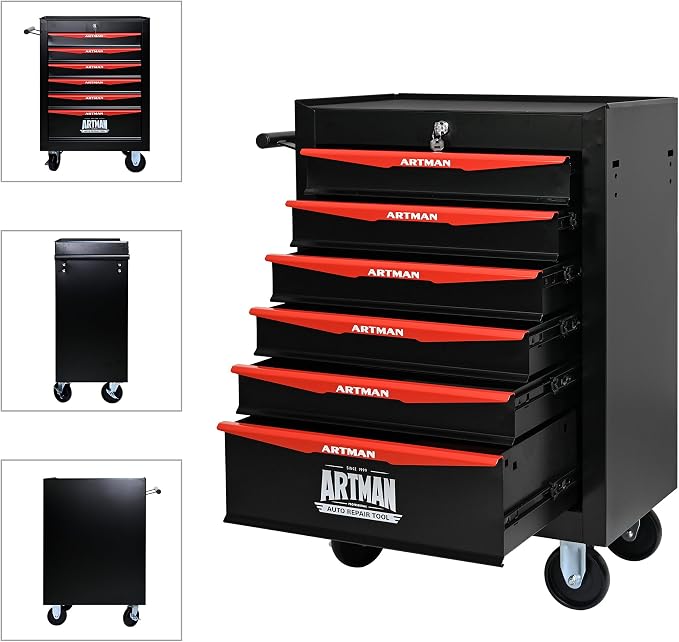 RYH 6 Drawers Rolling Tool Chest - Heavy Duty Mobile Tool Cart with Locking Wheels & Ball Bearing Drawers，30.5" H x 20.9" W x 13" D, Garage Tool Storage Cabinet (Black, 6 Drawers)