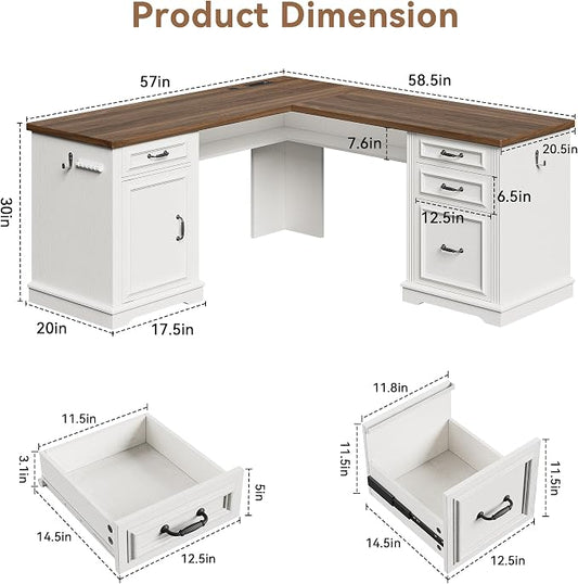 Farmhouse L Shaped Executive Desk with 4 Drawers and Charging Station, Wood Corner Home Office Computer Desk with File Cabinet Storage, Hidden Under Desk Storage Shelf, Headphone Hook - Brown+White