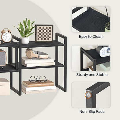 HOOBRO Desk Shelf Organizer, Adjustable Desktop Bookshelf, 2-Tier Shelf for Top of Desk, Wooden Office Storage Rack, for Office, Study, Kitchen, Dorm, Black BB39SJ01