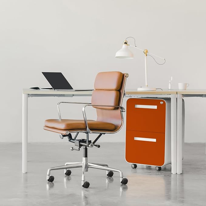 Laura Davidson Furniture Stockpile 2 Drawer Mobile File Cabinet with Lock - Under Desk Metal Filing Cabinet, Legal/Letter File Folders, Wheels and Stationary Feet, Pre-Assembled, White/Orange
