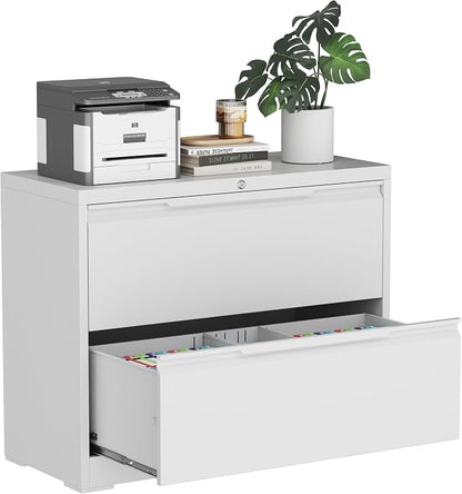Lateral File Cabinet, 2 Drawer Metal File Cabinet with Lock, Lateral Filing Cabinet for Home Office, Office Organization Cabinet for Letter/Legal/F4/A4 Size,White