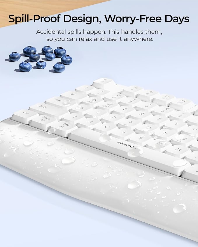 seenda Wireless Bluetooth Keyboard Mouse Combo, COE200 Ergonomic Keyboard with Wrist Rest, Silent Mouse, Multi-Device Connection, Full-Size Compatible for Windows PC Laptop Mac MacBook, White