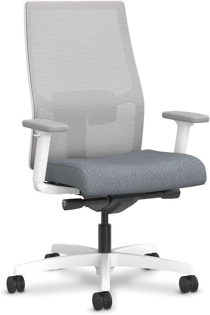 HON Ignition 2.0 Mid‑Back Ergonomic Office Chair with Lumbar Support, Advanced Synchro‑Tilt, Adjustable Arms, Mesh Desk Chair for Home Office, White Frame, Fog