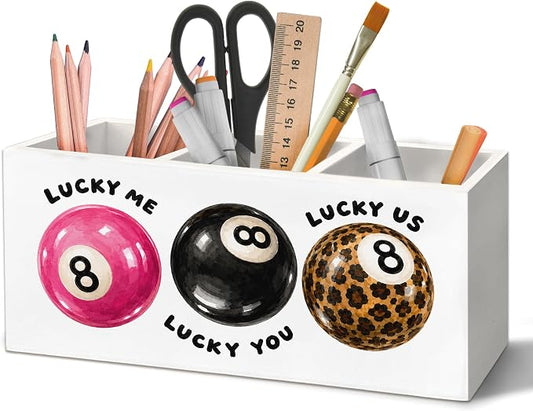 Trendy Retro 8 Ball Pen Holder Organizer for Desk Accessories, Girly Office Decor, Funky Preppy Y2K Lucky Me Lucky 8 Ball Wooden Box Sign Desk Decorations for Girls Room Bedroom Dorm Decor