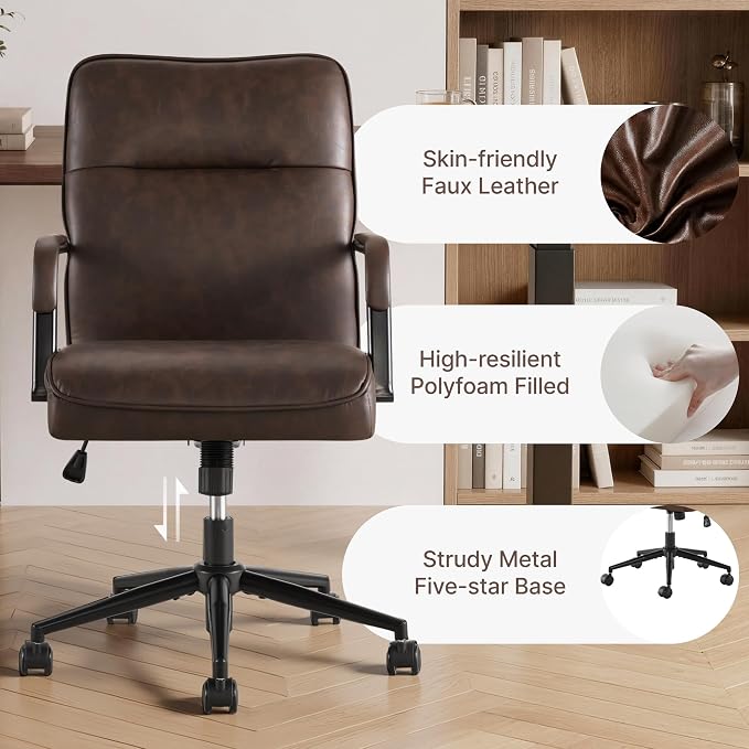 KISLOT Ergonomic Home Office Chair with Lumbar Support, Adjustable Swivel Modern Desk Chair with Wheels, Faux Leather Computer Chair with Padded Arms, Comfy Executive Office Chair, Espresso