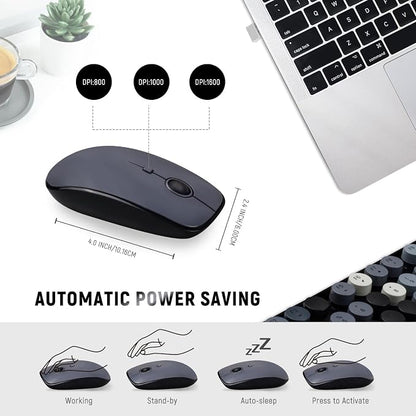 Wireless Keyboard and Mouse Combo, Retro Typewriter Style Round Key Keyboard, 2.4GHz Wireless Full Size Keyboard with Number Pad for Long Nails PC Laptop Desktop- Black Grey
