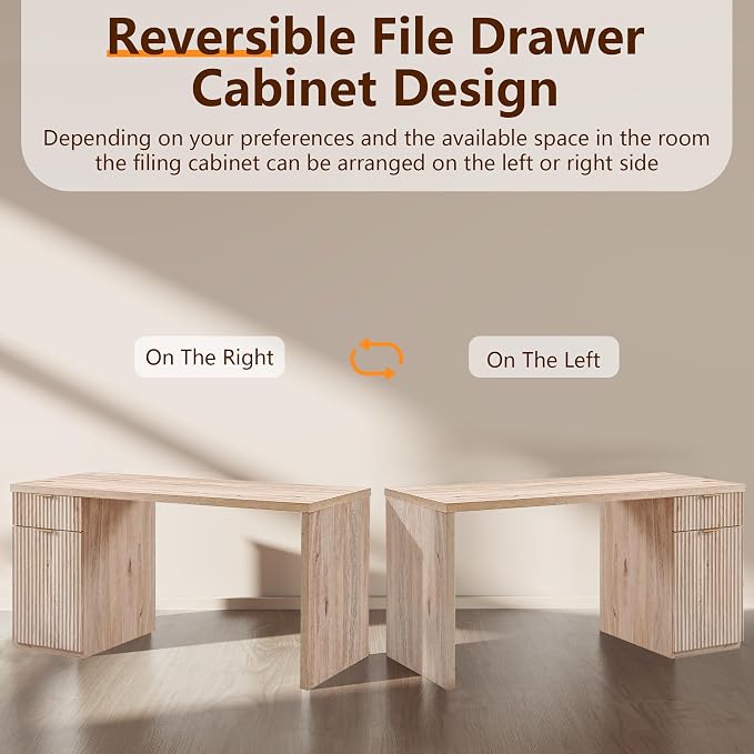 JXQTLINGMU 60" Modern Executive Desk with Storage, Wood Home Office Desk with Drawer & Cabinet, Fluted Computer Writing Desk for Study, Living Room, Bedroom, Oak