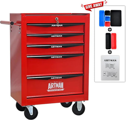 RYH 5 Drawers Rolling Tool Chest - Heavy Duty Mobile Tool Cart with Locking Wheels & Ball Bearing Drawers, ﻿30.5" H x 20.9" W x 13" D Garage Tool Storage Cabinet (Red, 5 Drawers)