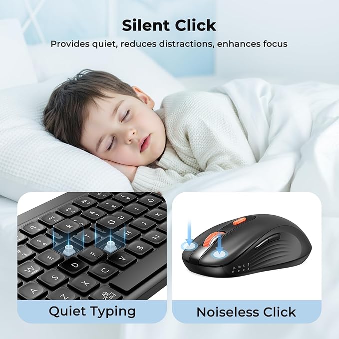 MEETION Bluetooth Keyboard and Mouse, 2.4G + Dual Bluetooth Multi Device, Full Size Silent Ergonomic Keyboard with 4 Level DPI Adjustable Wireless Mouse for Windows, Mac OS Desktop/Laptop/PC, Black
