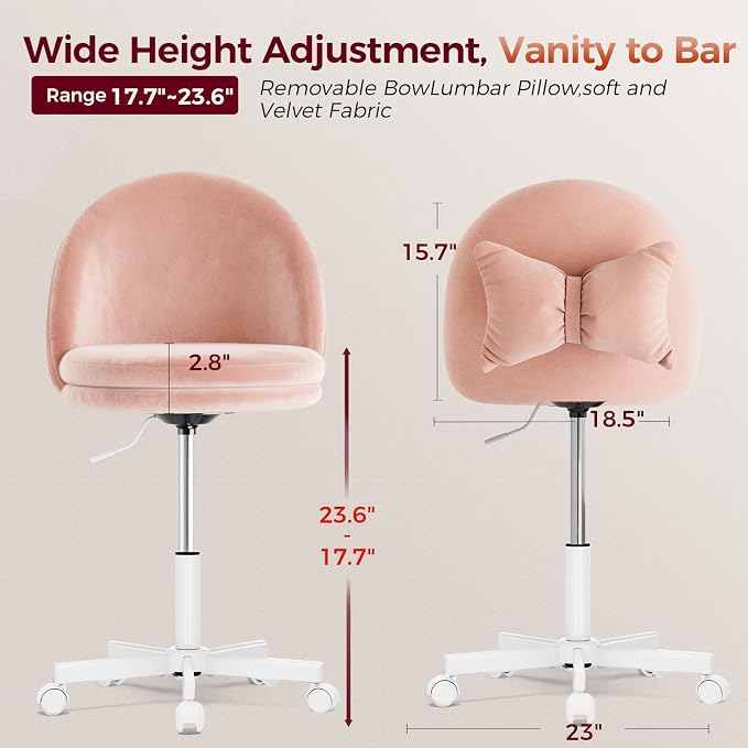 COMHOMA Vanity Chair with Velvet Fabric, Small Tall Armless Chair with Back, Cute Candy Chair for Girls Gift Living Room/Makeup Room/Bedroom/Kitchen (Height Use: Adjustable from Desk to Bar Height)