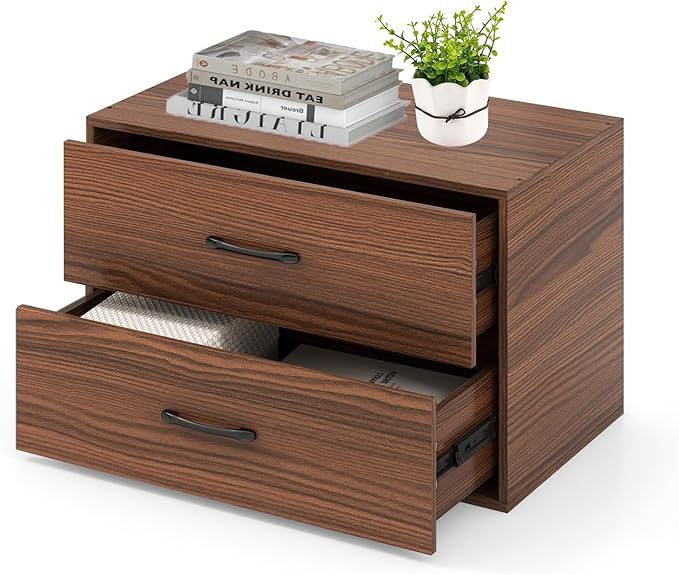 2 Drawer Lateral File Cabinet, Stackable Home Office Drawers, Under Desk Printer Stand, Low Storage Organizer, Horizontal Wooden Filing Cabinet for Study Living Room, No Wheels (1, Walnut)