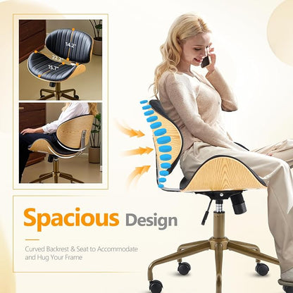 VINGLI Wide Comfotable Swivel Home Office Chair with Wood-Grain Curved Shell,Ergomomic Mid-Back Padded Armless Rolling Desk Chair with Wheels,Height Adjustable for Computer,Task,Work,PU Leather,Black