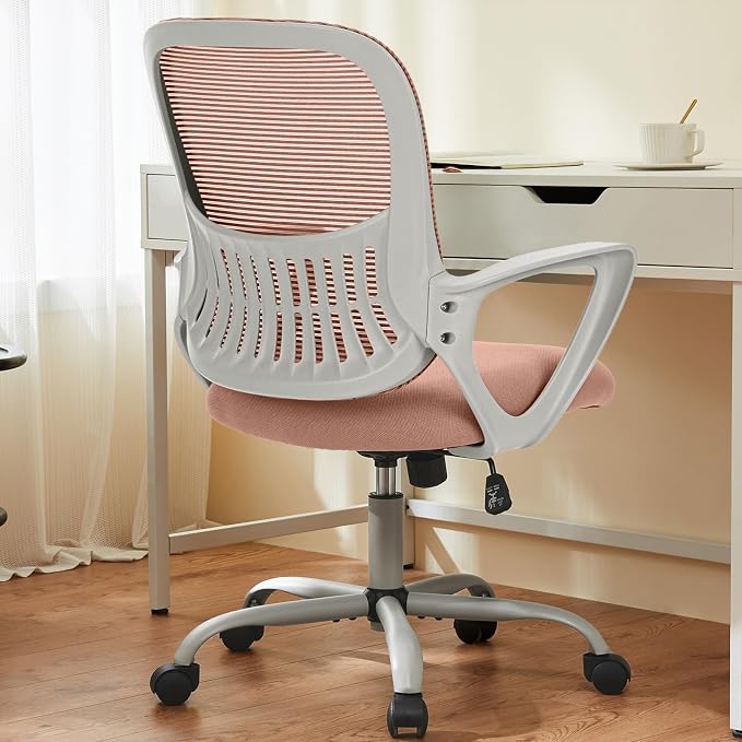 OLIXIS Home Office Chair, Mid Back Computer Ergonomic Mesh Desk with Large Seat, Executive Height Adjustable Swivel Task with Lumbar Support and Armrest, for Adults, Pink