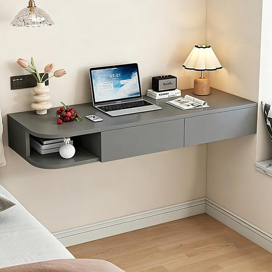 Corner Floating Desk with Drawer, Wall Mounted Desk with Open Shelving, Floating Makeup Vanity with Storage, Scratch-Resistant, Space Saving, for Bedroom Living Room Small Spaces Apartment