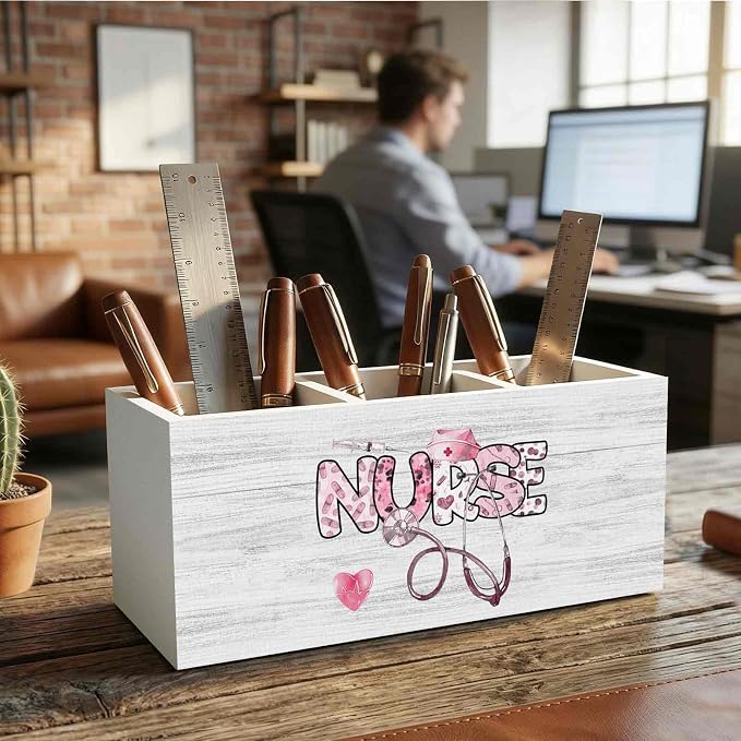 Pink Nurse Office Pencil Pen Holder for Desk Organizer, Nursing Week Gifts, Nurse Appreciation Gifts, Gift for Nurses Female Women Wooden Box Decorations for Office Desk Tabletop Decor