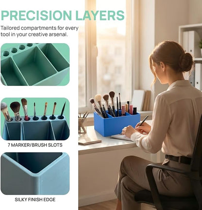 Adoric 3D Printed PLA Desk Organizer, Multifunctional Pen Holder with 7 Slots & 3 Compartments for Office, School, Makeup Brushes