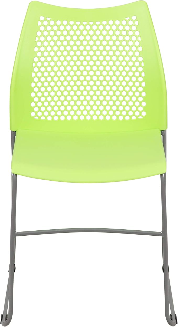 Flash Furniture HERCULES Series 661 lb. Capacity Green Stack Chair with Air-Vent Back and Gray Powder Coated Sled Base