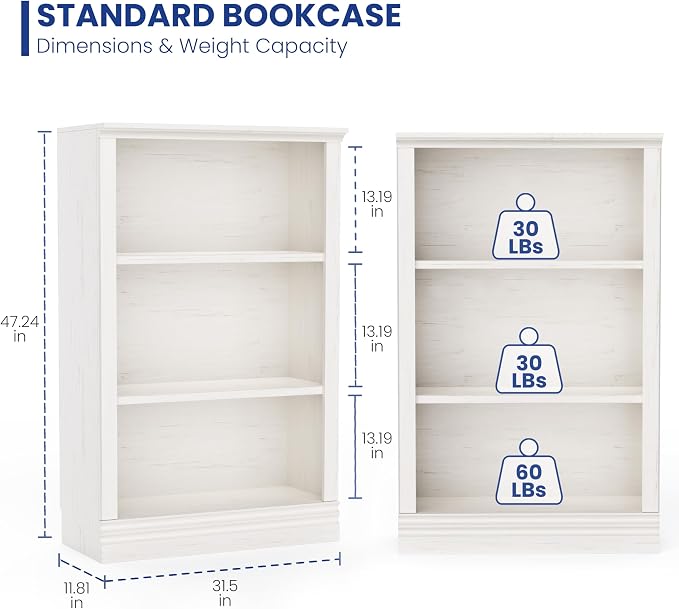 3-Shelf Bookcase, 47" Tall Floor Standing Bookshelf with Adjustable Shelves, Storage & Display Shelf for Living Room, Bedroom, Home Office – Cream White, 31.5" Wide