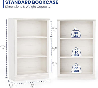 3-Shelf Bookcase, 47" Tall Floor Standing Bookshelf with Adjustable Shelves, Storage & Display Shelf for Living Room, Bedroom, Home Office – Cream White, 31.5" Wide