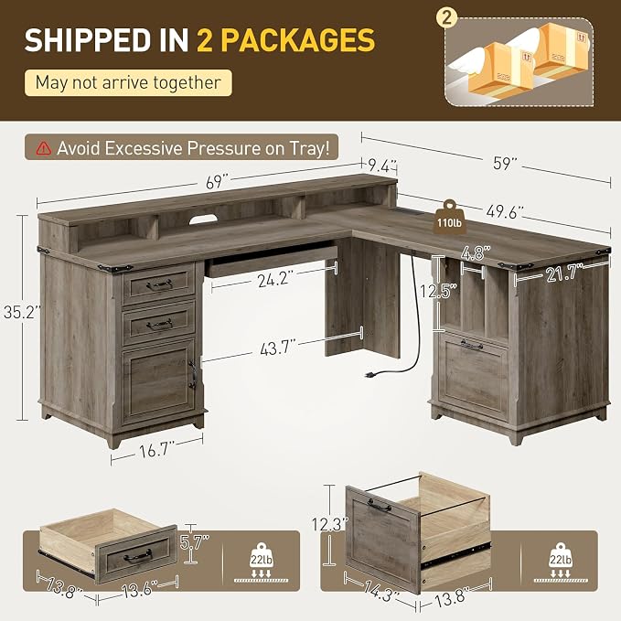 RALGEND Farmhouse 69" Executive L Shaped Desk with Drawer, Home Office Desk with Charging Station, Corner Computer Desk with Monitor Stand, File Drawer, Storage Cabinet, Greige