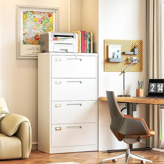 Metal Lateral 4 Drawer File Cabinet with Lock, Wide Filing Cabinet for Home Office Organization Hanging Files Letter/Legal/F4/A4 Size (White, Assembly Required)