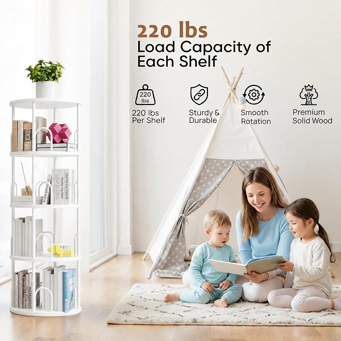 4 Tier White Rotating Kids Bookshelf Tower, Small Narrow Corner Book Shelf For Childrens, Toddler, Nursery Bookcase For Toy, Dispaly white shelves For Bedroom Living Room Office Kitchen Shelf Tower
