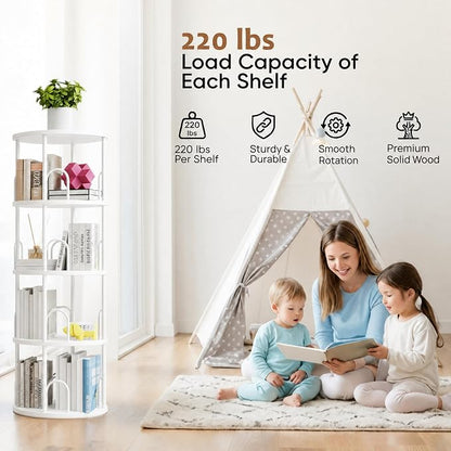 4 Tier White Rotating Kids Bookshelf Tower, Small Narrow Corner Book Shelf For Childrens, Toddler, Nursery Bookcase For Toy, Dispaly white shelves For Bedroom Living Room Office Kitchen Shelf Tower