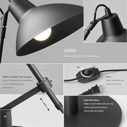 Desk Lamp Modern Industrial 100% Metal Adjustable Table Lamp 24", Natural Light (4000K) with Dimmer, Ideal for Office Bedroom Study Room Living Room Nightstand Bedside Lamps Sand Black