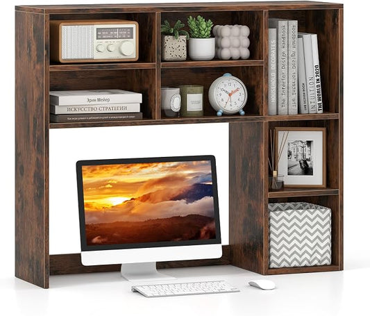 GOFLAME 7 Cubes Desktop Bookshelf, 37” Desk Organizer Shelf with 3 Adjustable Shelves, 3-Tier Wood Countertop Display Rack, Multipurpose Tabletop Desk Hutch for Dorm, Home Office, Rustic Brown